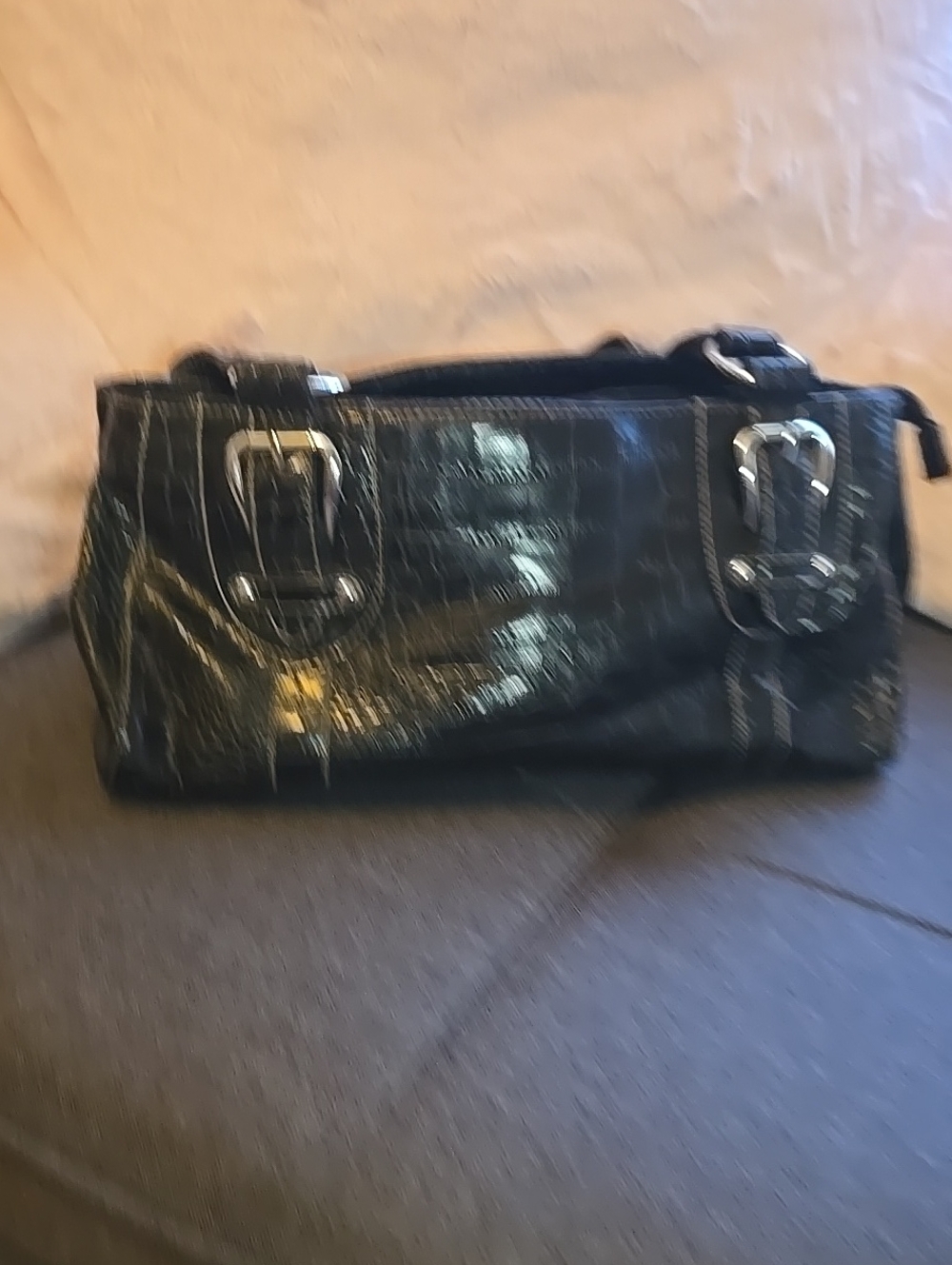 Black Patent Shoulder Bag with Buckle Accents